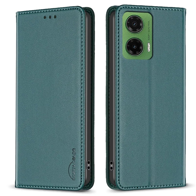 BINFEN COLOR BF18 For Motorola Moto G35 5G Leather Case Card Slots Phone Cover - Green