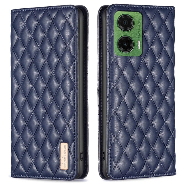 BINFEN COLOR BF Style-16 For Motorola Moto G35 5G Case Card Slots Rhombus Leather Cover - Blue