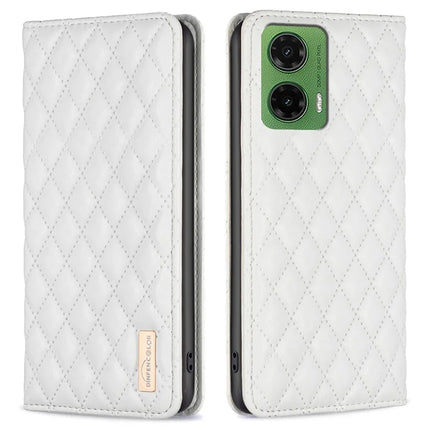 BINFEN COLOR BF Style-16 For Motorola Moto G35 5G Case Card Slots Rhombus Leather Cover - White