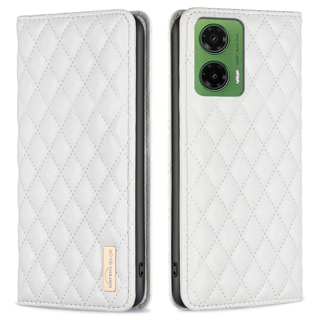 BINFEN COLOR BF Style-16 For Motorola Moto G35 5G Case Card Slots Rhombus Leather Cover - White