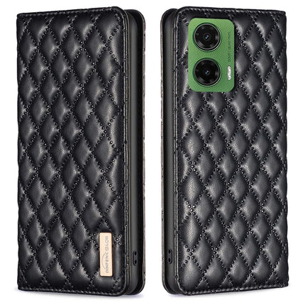 BINFEN COLOR BF Style-16 For Motorola Moto G35 5G Case Card Slots Rhombus Leather Cover - Black