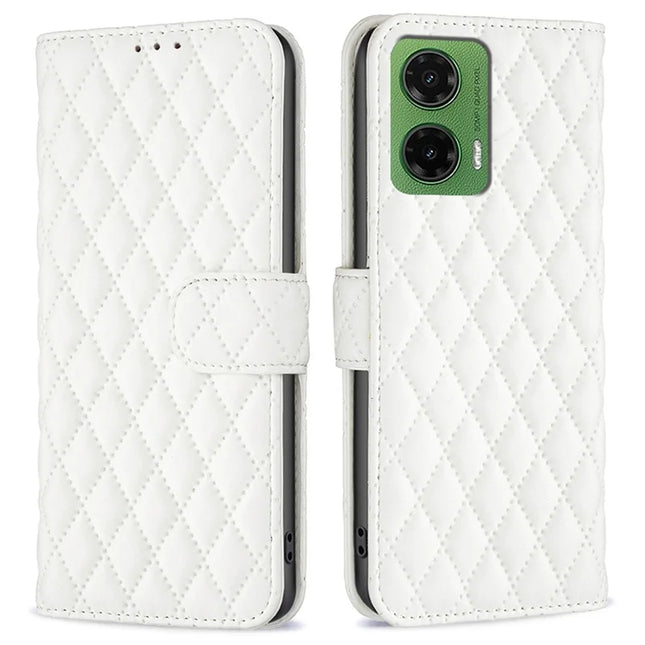 BINFEN COLOR BF Style-14 For Motorola Moto G35 5G Case Rhombus Phone Leather Cover Stand - White