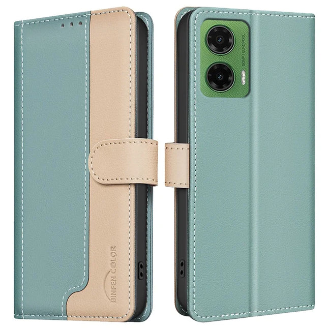BINFEN COLOR BF33 for Motorola Moto G35 5G Leather Case Splicing Color RFID Blocking - Green