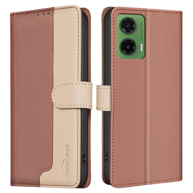 BINFEN COLOR BF33 for Motorola Moto G35 5G Leather Case Splicing Color RFID Blocking - Brown