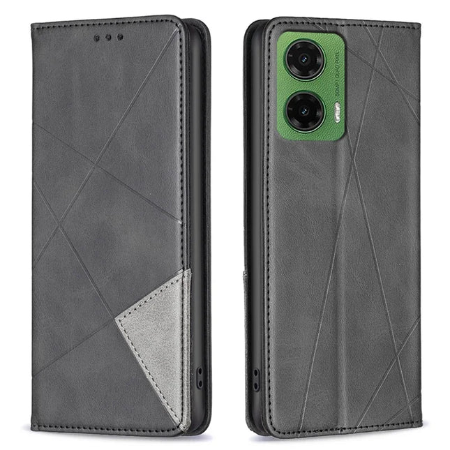 For Motorola Moto G35 5G Case Card Slots Geometry Imprint Leather Phone Cover - Black