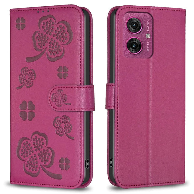 For Motorola Moto G55 5G Case Clover Pattern Wallet Stand View Leather Phone Cover - Rose