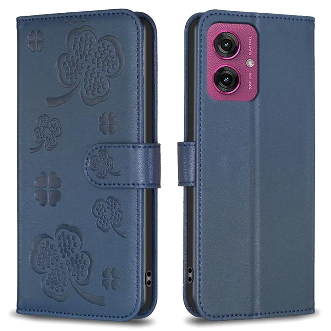 For Motorola Moto G55 5G Case Clover Pattern Wallet Stand View Leather Phone Cover - Blue