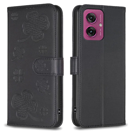 For Motorola Moto G55 5G Case Clover Pattern Wallet Stand View Leather Phone Cover - Black