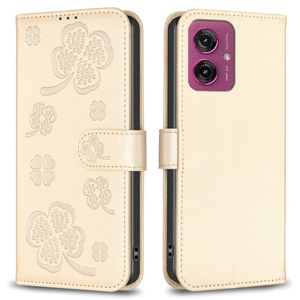 For Motorola Moto G55 5G Case Clover Pattern Wallet Stand View Leather Phone Cover - Gold