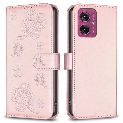 For Motorola Moto G55 5G Case Clover Pattern Wallet Stand View Leather Phone Cover - Pink