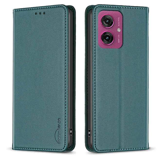 BINFEN COLOR BF18 For Motorola Moto G55 5G Leather Case Card Slots Phone Cover - Green