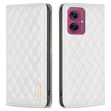 BINFEN COLOR BF Style-16 For Motorola Moto G55 5G Case Card Slots Rhombus Leather Cover - White
