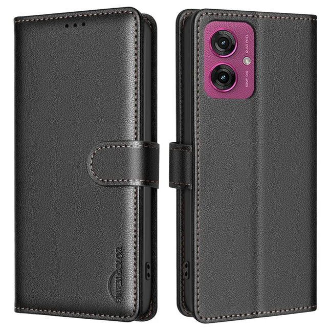 BINFEN COLOR BF32 For Motorola Moto G55 5G Leather Case Wallet RFID Blocking Phone Cover - Black