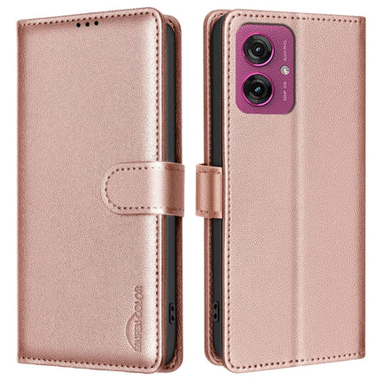 BINFEN COLOR BF32 For Motorola Moto G55 5G Leather Case Wallet RFID Blocking Phone Cover - Rose Gold