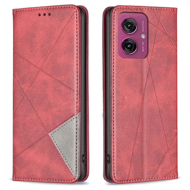 For Motorola Moto G55 5G Case Card Slots Geometry Imprint Leather Phone Cover - Red
