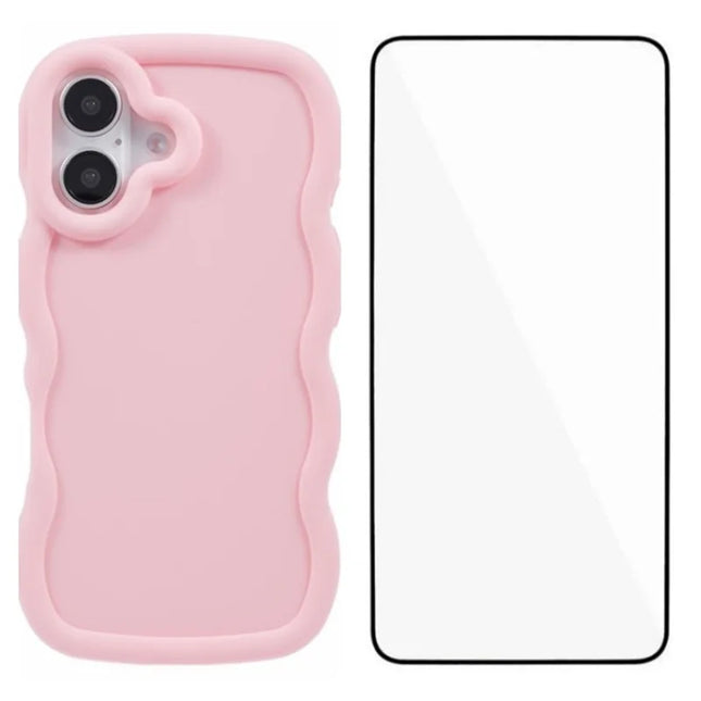 WANLONFENG XL Series for iPhone 16 Plus Case Wave Edge TPU Cover with Tempered Glass Film - Pink