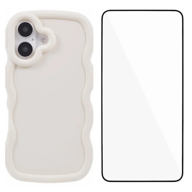 WANLONFENG XL Series for iPhone 16 Plus Case Wave Edge TPU Cover with Tempered Glass Film - White