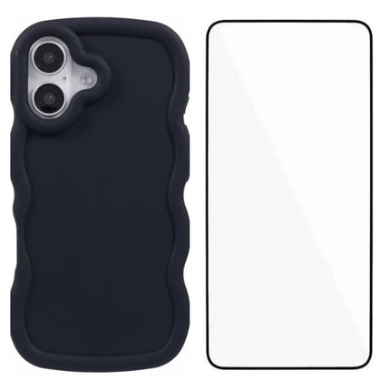 WANLONFENG XL Series for iPhone 16 Plus Case Wave Edge TPU Cover with Tempered Glass Film - Black