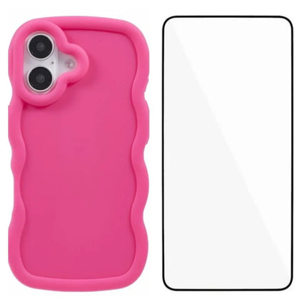 WANLONFENG XL Series for iPhone 16 Plus Case Wave Edge TPU Cover with Tempered Glass Film - Rose