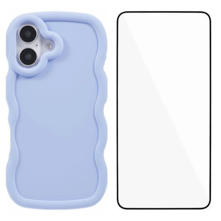 WANLONFENG XL Series for iPhone 16 Plus Case Wave Edge TPU Cover with Tempered Glass Film - Light Purple