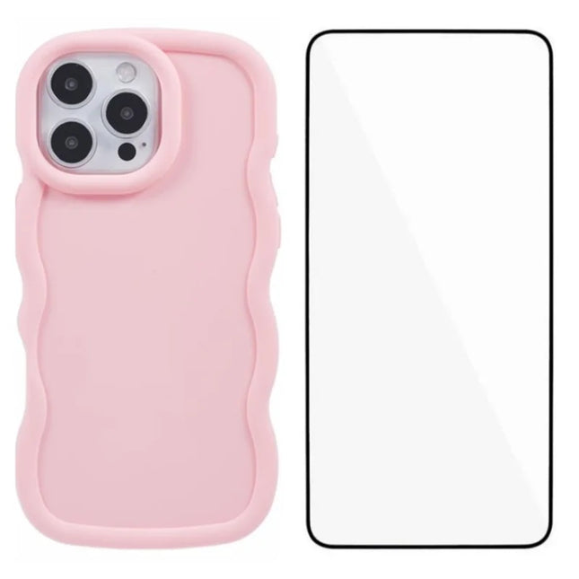 WANLONFENG XL Series for iPhone 16 Pro Max Case Wave Edge TPU Cover with Tempered Glass Film - Pink