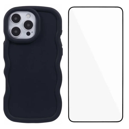 WANLONFENG XL Series for iPhone 16 Pro Max Case Wave Edge TPU Cover with Tempered Glass Film - Black