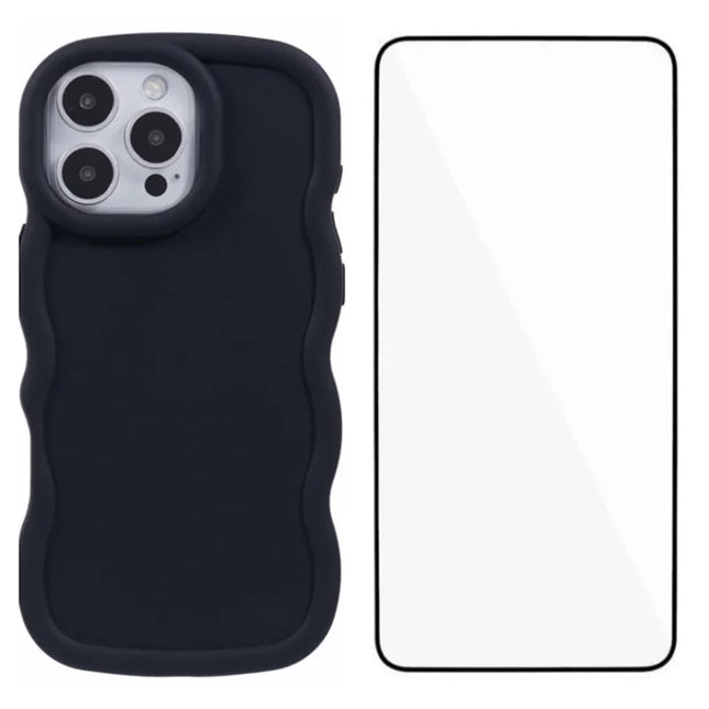 WANLONFENG XL Series for iPhone 16 Pro Max Case Wave Edge TPU Cover with Tempered Glass Film - Black