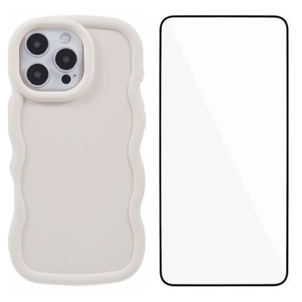 WANLONFENG XL Series for iPhone 16 Pro Max Case Wave Edge TPU Cover with Tempered Glass Film - White