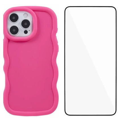 WANLONFENG XL Series for iPhone 16 Pro Max Case Wave Edge TPU Cover with Tempered Glass Film - Rose