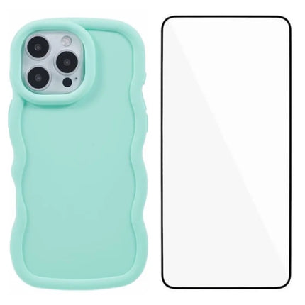 WANLONFENG XL Series for iPhone 16 Pro Max Case Wave Edge TPU Cover with Tempered Glass Film - Light Green