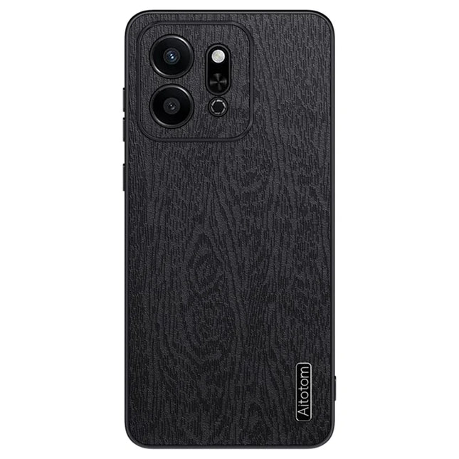 For Honor Play 9T Case Wood Texture PU Leather Coated PC+TPU Phone Cover - Black