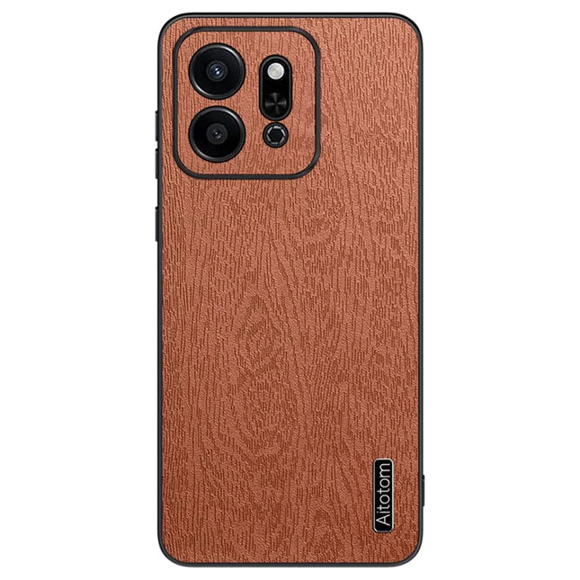 For Honor Play 9T Case Wood Texture PU Leather Coated PC+TPU Phone Cover - Brown