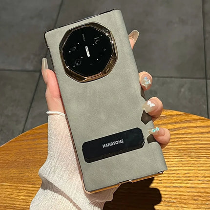 For Huawei Mate XT Ultimate Case Sheepskin Leather+PC Kickstand Phone Cover - Grey