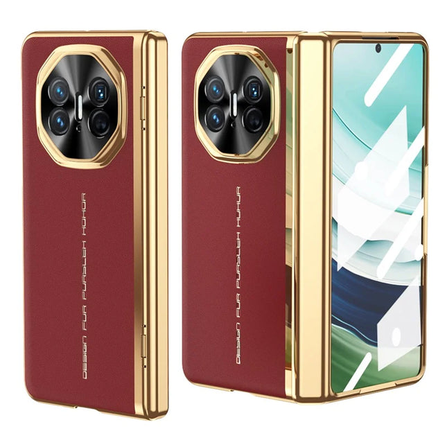 For Huawei Mate X5 Case PU Leather+PC Electroplating Phone Cover with Tempered Glass Screen Film - Red
