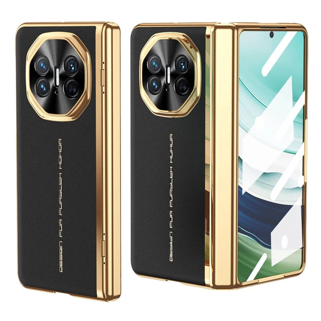For Huawei Mate X5 Case PU Leather+PC Electroplating Phone Cover with Tempered Glass Screen Film - Black
