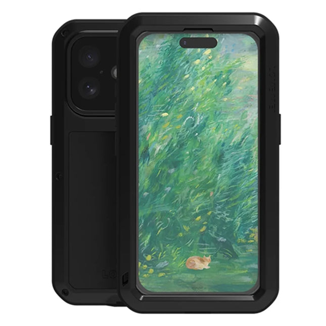 LOVE MEI For iPhone 16 Case Tempered Glass Screen Protector Metal+Silicone Phone Cover - Black