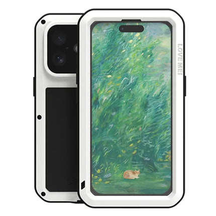 LOVE MEI For iPhone 16 Case Tempered Glass Screen Protector Metal+Silicone Phone Cover - White