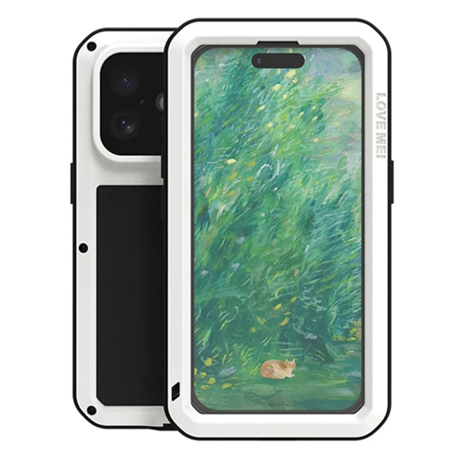 LOVE MEI For iPhone 16 Case Tempered Glass Screen Protector Metal+Silicone Phone Cover - White