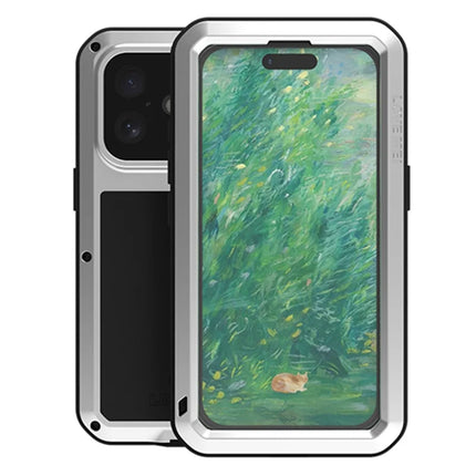 LOVE MEI For iPhone 16 Case Tempered Glass Screen Protector Metal+Silicone Phone Cover - Silver