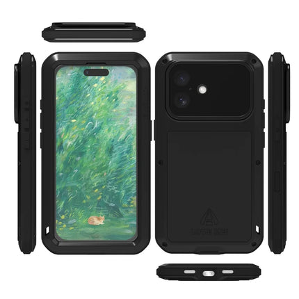 LOVE MEI For iPhone 16 Case Tempered Glass Screen Protector Metal+Silicone Phone Cover