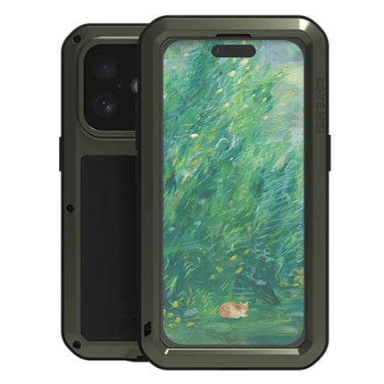 LOVE MEI For iPhone 16 Case Tempered Glass Screen Protector Metal+Silicone Phone Cover - Green