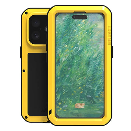 LOVE MEI For iPhone 16 Case Tempered Glass Screen Protector Metal+Silicone Phone Cover - Yellow