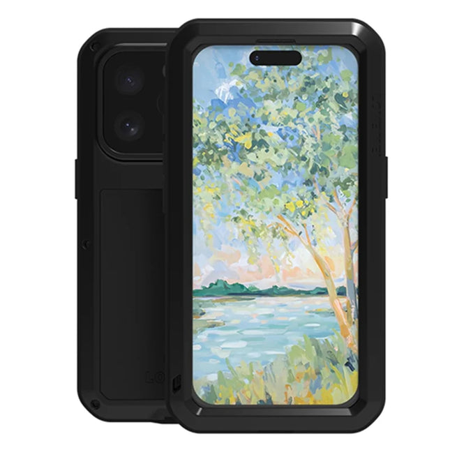 LOVE MEI For iPhone 16 Pro Max Case Tempered Glass Screen Protector Metal+Silicone Phone Cover - Black