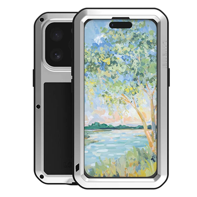 LOVE MEI For iPhone 16 Pro Max Case Tempered Glass Screen Protector Metal+Silicone Phone Cover - Silver