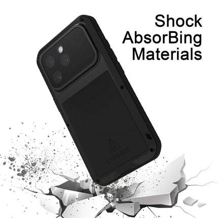 LOVE MEI For iPhone 16 Pro Max Case Tempered Glass Screen Protector Metal+Silicone Phone Cover