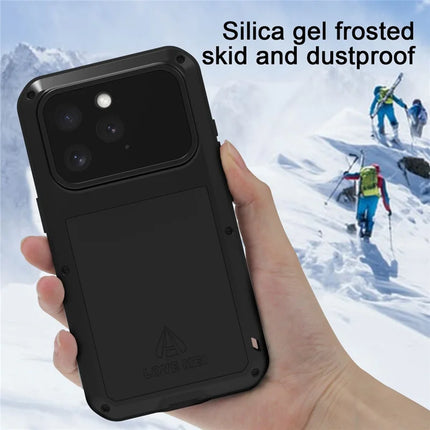 LOVE MEI For iPhone 16 Pro Max Case Tempered Glass Screen Protector Metal+Silicone Phone Cover