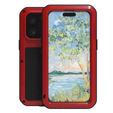 LOVE MEI For iPhone 16 Pro Max Case Tempered Glass Screen Protector Metal+Silicone Phone Cover - Red