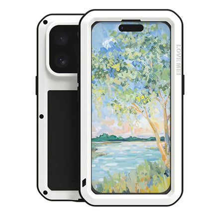 LOVE MEI For iPhone 16 Pro Max Case Tempered Glass Screen Protector Metal+Silicone Phone Cover - White