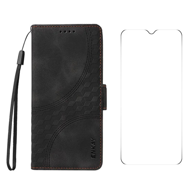 For Samsung Galaxy A06 Wallet Case ENKAY Imprint PU Leather Phone Stand Cover with Tempered Glass - Black