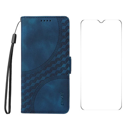 For Samsung Galaxy A06 Wallet Case ENKAY Imprint PU Leather Phone Stand Cover with Tempered Glass - Blue